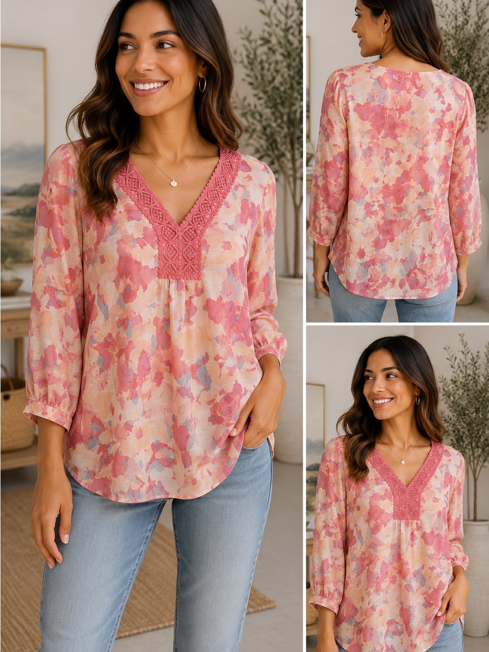 Counterparts Pink Floral V-Neck Crochet Trim Blouse